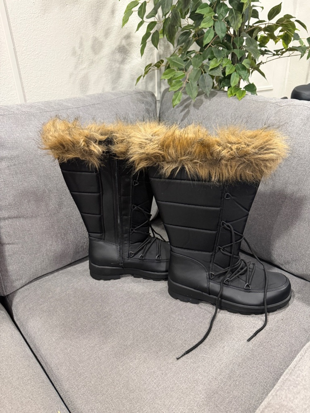 torrid Black Winter Lace-Up Boots with Brown Faux Fur Trim